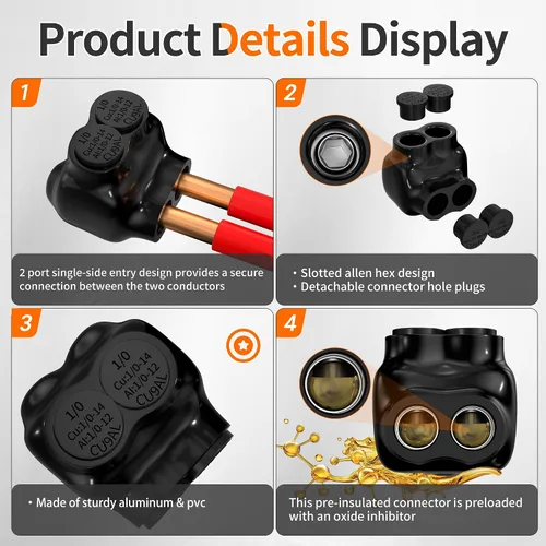 Vista 3 de Joinfworld Conector de Derivación Múltiple Aislado de 2 Puertos 1/0-14 AWG Conectores de Cable de Aluminio a Cobre Conectores de Cable Eléctrico