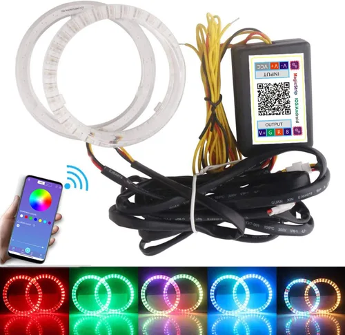 Vista 10 de Qasim 1 par de anillos de halo LED RGB de 80 mm con 30 SMD 3535, ojos de ángel para motocicleta y coche, luz DRL, luz antiniebla, señal de giro