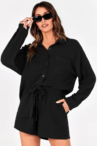 Vista 4 de PRETTYGARDEN Womens 2 Piece Long Sleeve Blouse High Waisted Drawstring Shorts Loungewear Set