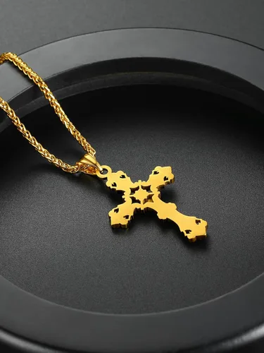 Vista 9 de ChainsHouse Collar de cruz para hombre, chapado en oro de 18 quilates, acero inoxidable, joyería cristiana, collar con colgante de cruz