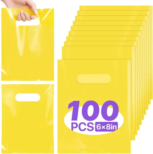 Vista 8 de ANZNKU 100 bolsas de regalo pequeñas multicolor con asa para dulces, muestras de bocadillos, manualidades, bolsa de regalo de plástico a granel