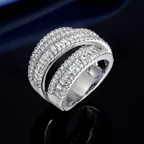 Vista 5 de OPOMOMO Eternity Ring Wedding Bands,18K Gold Plated 3 Rows Emerald Cut Lab Diamond Band Rings for Women Men