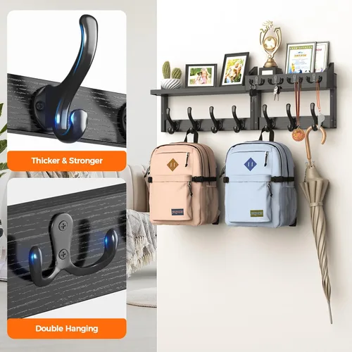 Vista 6 de Evermagin Perchero de pared de 29 pulgadas con estante, perchero 4 en 1 y colgador de llaves con 11 ganchos de metal, estante montado en la pared