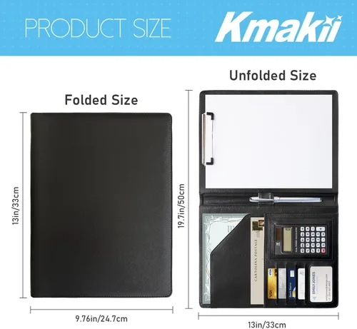 Vista 2 de KMAKII Carpeta Portafolio con Calculadora de Piel Sintética con Portapapeles Tamaño A4 para Entrevista de Negocios y Currículum - Negro