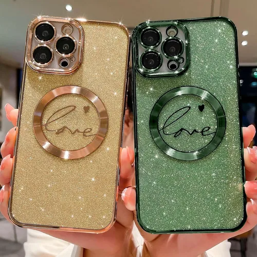 Vista 5 de Funda magnética con purpurina compatible con iPhone 11 Pro Max de 6.5 pulgadas, funda transparente de lujo, con diseño de corazón chapado en amor