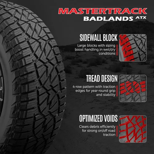 Vista 7 de Juego de 4 (cuatro) neumáticos Mastertrack BADLANDS ATX 225/60R17 99H para todo terreno para todas las estaciones 225/60/17. Incluye 3 años