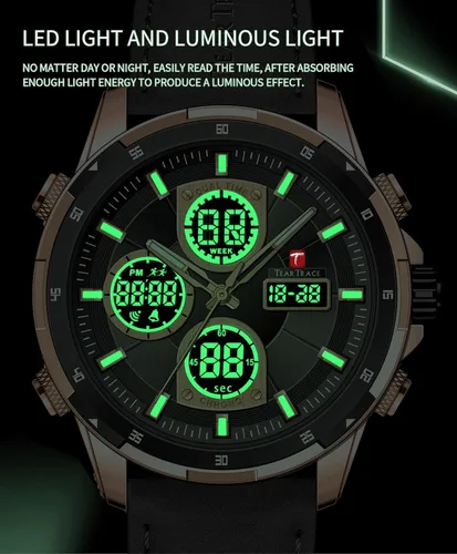 Vista 5 de TEARTRACE Watches for Men Luxury Business Waterproof Calendar Leather Strap Digital Chronograph Analog Wristwatch