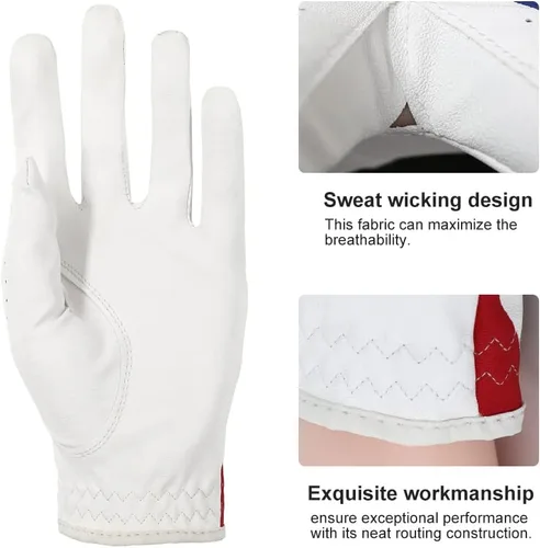 Vista 2 de Guantes de golf para hombres y mujeres, mano izquierda para golfista diestro, patrón de bandera estadounidense, cuero sintético, fibra de licra