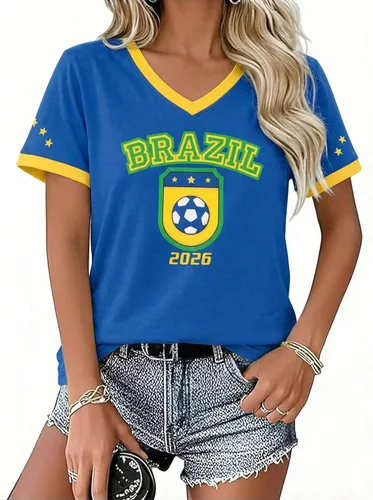 Vista 8 de Camiseta de fútbol 2026 para mujer, camisetas de México, camiseta de Brasil, camisetas gráficas divertidas de fútbol Y2K con cuello en V