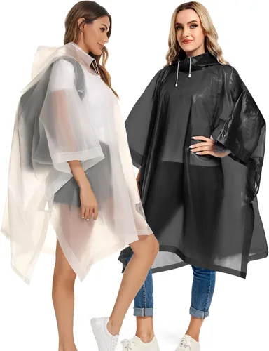 Vista 65 de Paquete de 2 ponchos de lluvia para adultos, reutilizables, impermeables, de supervivencia, emergencia, resistente, con capucha con cordón