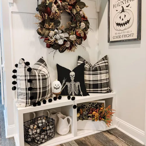 Vista 5 de PANDICORN Juego de 4 fundas de almohada de Halloween de 16 x 16 pulgadas, diseño de esqueleto de gato negro, perro, fantasma, calabaza, decoración