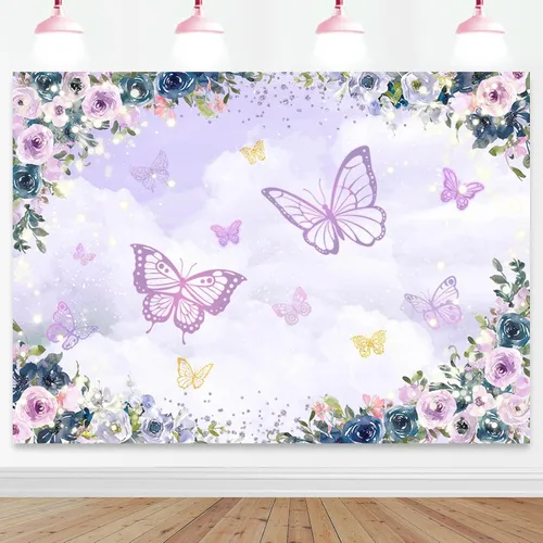 Vista 6 de Mocsicka Fondo de mariposa violeta - Fondo de decoración de fiesta de niña floral púrpura - Boda, cumpleaños, baby shower - 6 x 4 pies