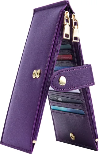 Vista 16 de Travelambo Billeteras de cuero para mujer, delgada, con bloqueo RFID, billetera plegable para tarjetas de crédito, Marrón beige
