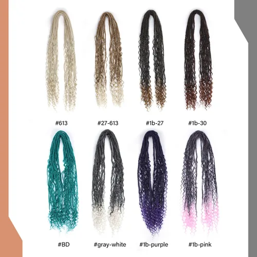 Vista 5 de Extensiones de rastas trenzadas bohemias de 24 pulgadas, 10 hebras de rastas sintéticas rizadas color marrón degradado con trenza de caja, rastas