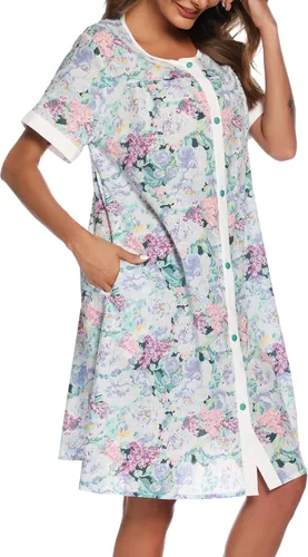 Vista 3 de YOZLY Vestido de casa para mujer, de manga corta, abrigos de casa, bata de moomoo con bolsillos