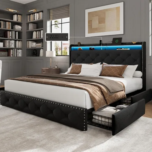 Vista 10 de LARMACE Base de cama tamaño King con 4 cajones de almacenamiento, base de cama tapizada de terciopelo, plataforma King con luces LED y estación