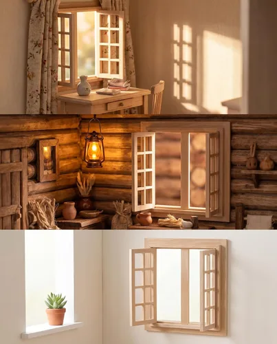 Vista 6 de Toyvian - Ventana de casa de muñecas, ventana miniatura de madera que se