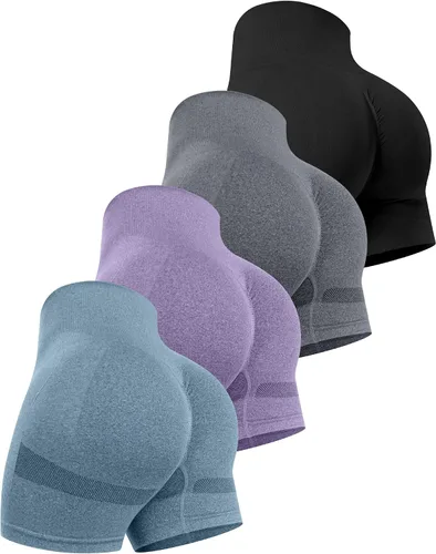 Vista 21 de CHRLEISURE Pantalones Cortos de Entrenamiento para Mujer, 4 Paquetes, Cintura Alta, Levantamiento de Glúteos con Fruncido, Pantalones Cortos Booty
