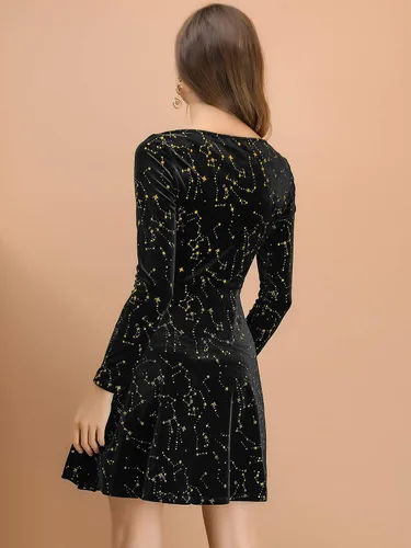 Vista 5 de Allegra K Mini vestido de terciopelo vintage con cuello cuadrado y estrellas de Navidad para mujer