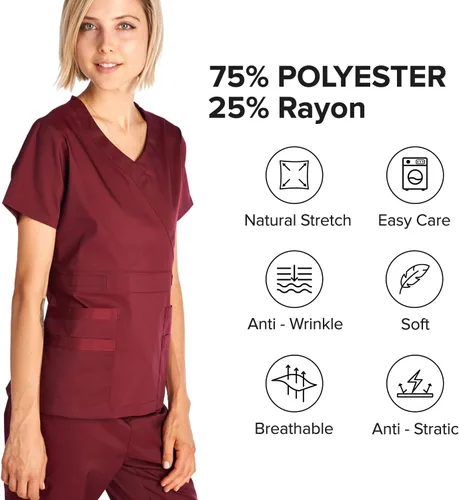 Vista 5 de Dagacci Medical Uniform Conjunto de uniforme médico para mujeres con blusa de cuello en Y elástica y suave y pantalones