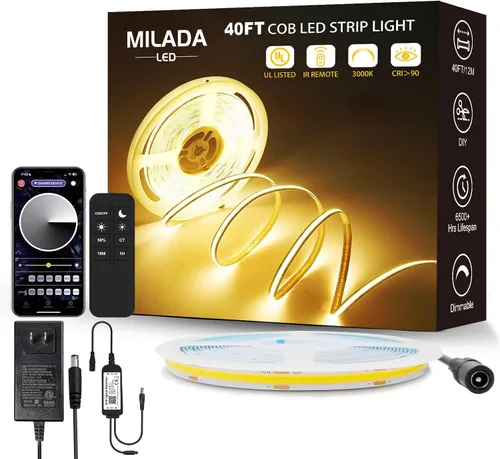 Vista 8 de Tira de Luces LED COB 3000K 80 pies/24M tira led blanca cálida regulable de alto lumen (2 rollos de 40 pies) Adaptador UL 24V Adhesivo Adecuado