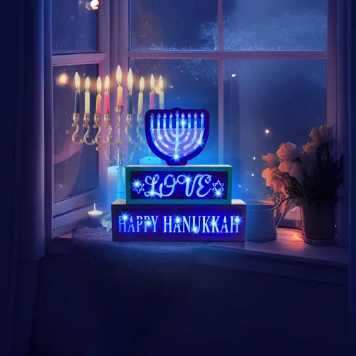 Vista 7 de Decoraciones iluminadas de Hanukkah, letrero de madera con 81 luces LED, funciona con pilas, letrero de puerta de menorá para centro de mesa