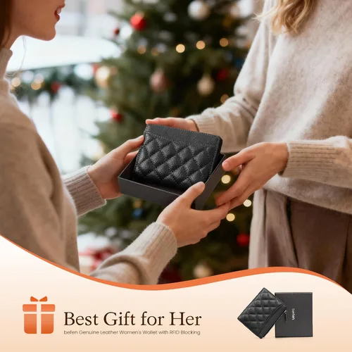 Vista 8 de befen Cartera delgada de cuero auténtico con RFID, billetera de dos pliegues para mujer con bolsillo con cremallera y llavero, Negro, Talla única