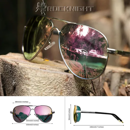 Vista 4 de ROCKNIGHT Gafas de sol polarizadas de estilo aviador para hombres y mujeres, con montura metálica, estilo Flat Top, gafas de sol ligeras