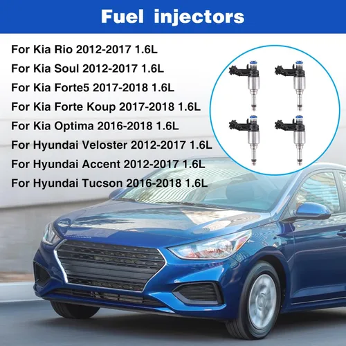 Vista 2 de Juego de 4 inyectores de combustible compatibles con Hyundai Accent Veloster Kia Rio Soul 2012-2017, inyector de combustible no turbo, inyector