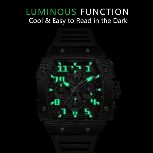 Vista 4 de WISHDOIT GT Chronograph Watch Mens Luxury Tonneau Watch Calendar Date Luminous Waterproof Replica Watch for Men FKM Rubber Strap Sport Dress Casual
