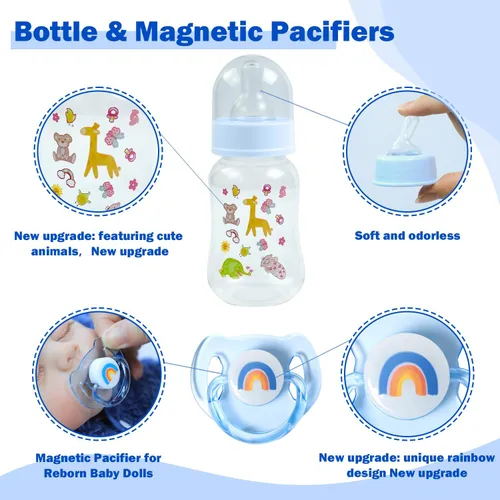 Vista 5 de SCOM Juego de accesorios para muñecas Reborn – Chupetes magnéticos transparentes arcoíris y biberones reutilizables extraíbles para muñeca bebé