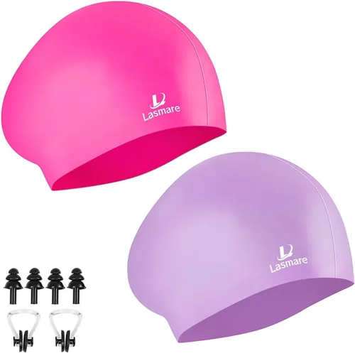 Vista 11 de Long Hair Swim Cap for Women 2 Pack, Silicone Swimming Caps for Unisex Adult Women Men with Ear Plugs & Nose Clip Set, Waterproof Adult Swim Hats