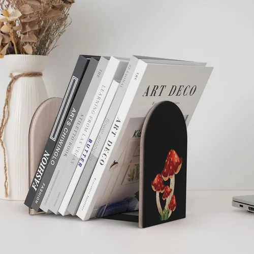 Vista 6 de Sujetalibros decorativos con forma de hongo negro para estantes, organizador de libros pesados, organizador antideslizante para libros