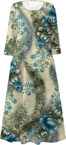 Vista 2 de EKVAHL Vestido de manga 34 para mujer, vestidos de otoño, casual, holgado, talla grande, cuello redondo, estampado floral, elegante vestido largo