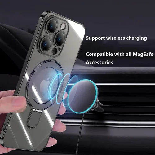 Vista 4 de Funda transparente con soporte magnético invisible para iPhone 14 Pro con protector de lente de cámara incorporado Compatible con MagSafe, cubierta
