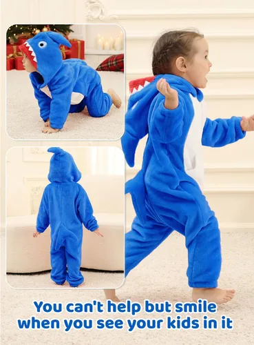 Vista 2 de LOLANTA Disfraz de tiburón de dinosaurio para niños y niñas, overol de franela de animal suave de una pieza para niños, vacaciones, cumpleaños
