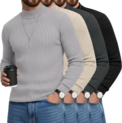 Vista 16 de Paquete de 4 Camisetas de Cuello Alto Simulado para Hombre de Algodón de Punto Acanalado de Manga Larga Pullover Ajustado Casual Suéteres Básicas