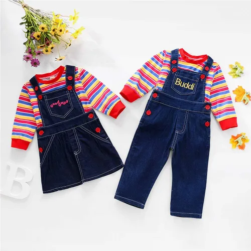 Vista 6 de Ropa de bebé niño y niña, traje de rayas + overol de mezclilla con correa de mezclilla, ropa de invierno