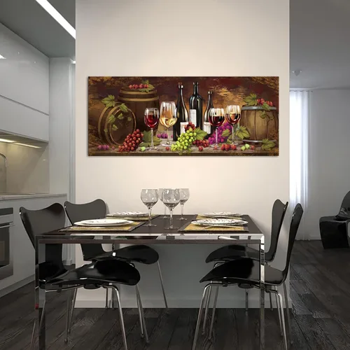 Vista 6 de NutArtPic Wine Wall Art Canvas Kitchen Picture Prints Grape Barrel Painting Red Wine Glass Artwork Prints for Home Kitchen Dinning Room Bar Wine
