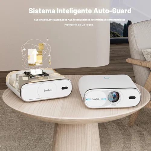 Vista 7 de Proyector para exteriores incorporado Google TV, proyector inteligente con tapa de lente automática Sovboi 4K Support, WiFi 6 & Bluetooth, AI Auto
