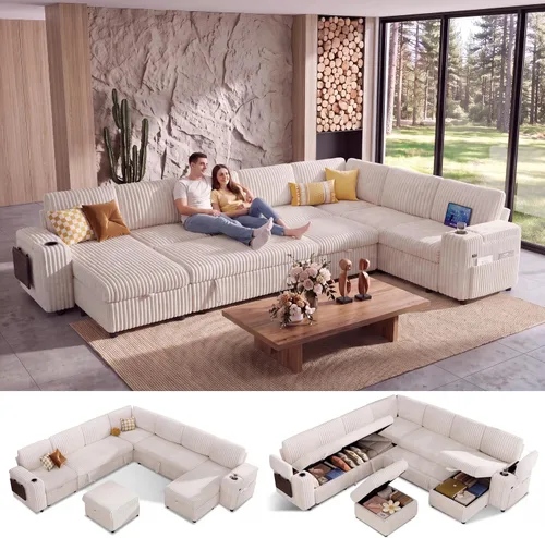 Vista 16 de WEUP Sofá cama modular de 111 pulgadas con cama extraíble, sofá de pana de felpa en forma de L de 7 asientos con diván de almacenamiento, puertos