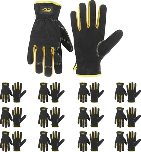 Vista 8 de HANDLANDY Guantes de jardinería de cuero para hombre, guantes de trabajo utilitarios para mecánicos, construcción, conductor