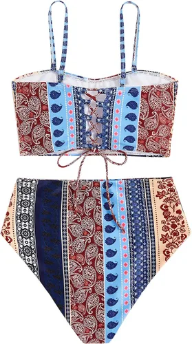 Vista 2 de Floerns Women's Boho Two Piece High Waist Bathing Suit Bandeau Swimsuit A Multi Striped