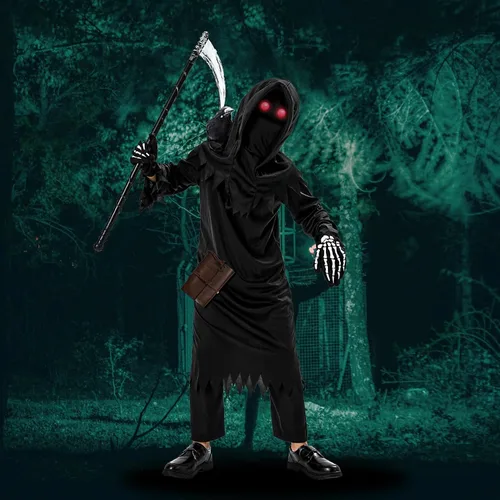 Vista 3 de Onory Disfraces de Halloween para niños, disfraz de la parca para niños, conjunto de fantasmas aterradores, cosplay, recuerdos de fiesta de Halloween