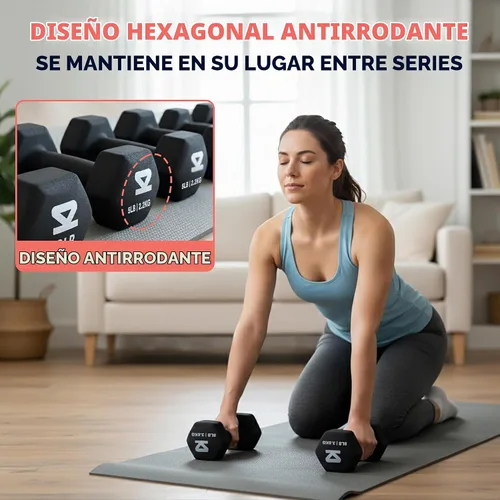 Vista 4 de SQUATZ Juego de mancuernas con soporte, pesas recubiertas de neopreno de 32 libras en color gris, negro y naranja, forma hexagonal antideslizantes