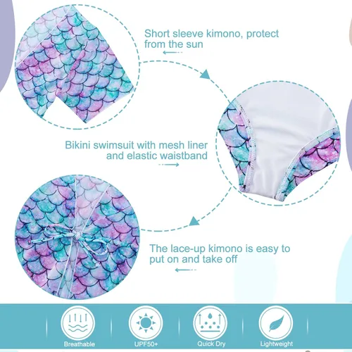 Vista 6 de AIDEAONE Conjunto de traje de baño de 3 piezas para niñas con kimono de secado rápido con cordón de ajuste para 5-12 años