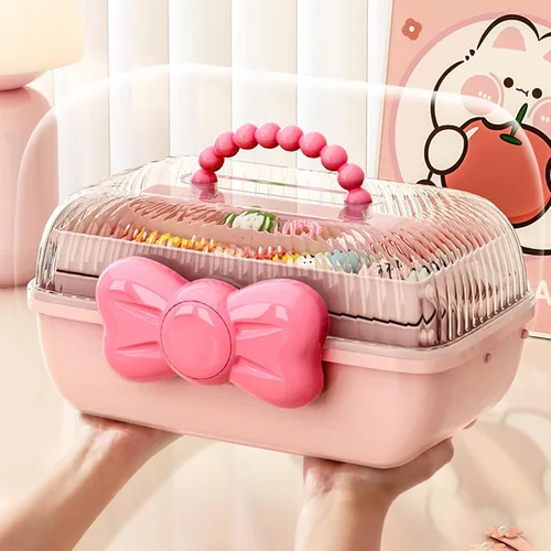 Vista 4 de Caja organizadora de accesorios para el cabello, caja de almacenamiento portátil de 3 capas, caja de herramientas de plástico multifuncional