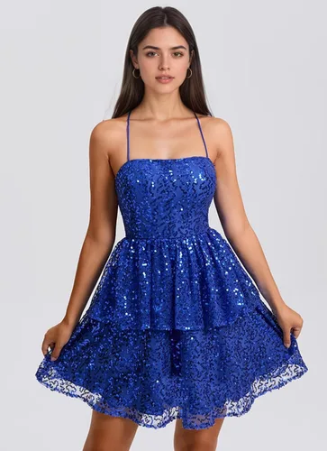 Vista 3 de YUAOHUANG Vestido de fiesta de lentejuelas con tirantes delgados 2025 vestidos de cóctel cortos escalonados para mujer