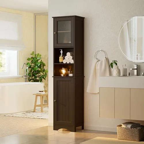 Vista 6 de Gizoon - Armario de almacenamiento alto para baño con estantes ajustables Marrón oscuro