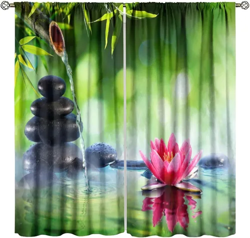 Vista 21 de Cortinas con estampado de bambú verde natural, plantas asiáticas, japonesas, tallos rústicos, hojas, cortina de selva con bolsillo para cortinero